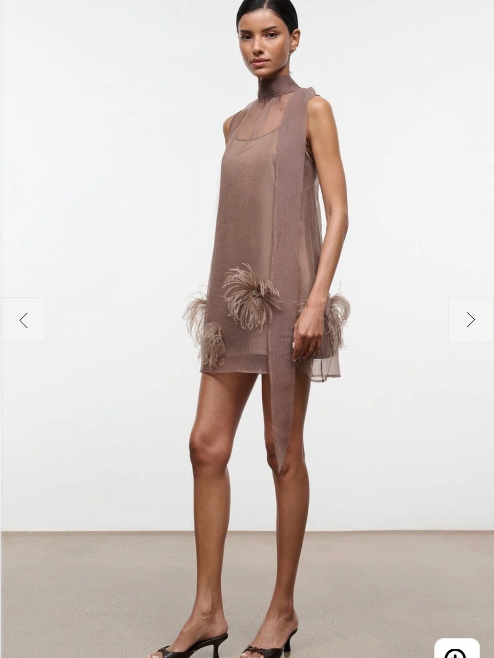 STAUD Taupe Sheer Shift Dress with Feather Trim
